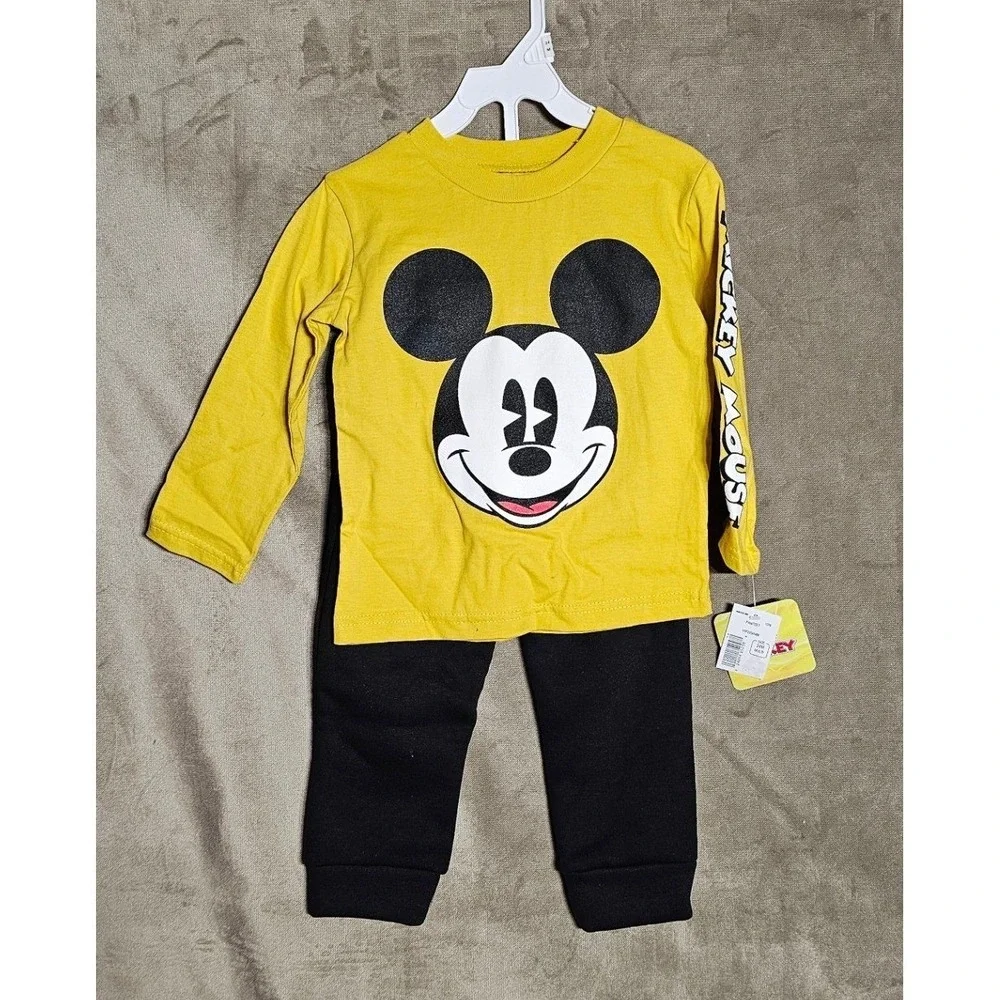 Disney Mickey Mouse Clubhouse Kids Yellow Long Sleeve Shirt Black Pants Set 24M